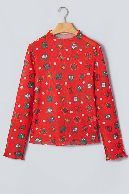 Christmas Polka Dot Sheer Mesh Long Sleeve Top