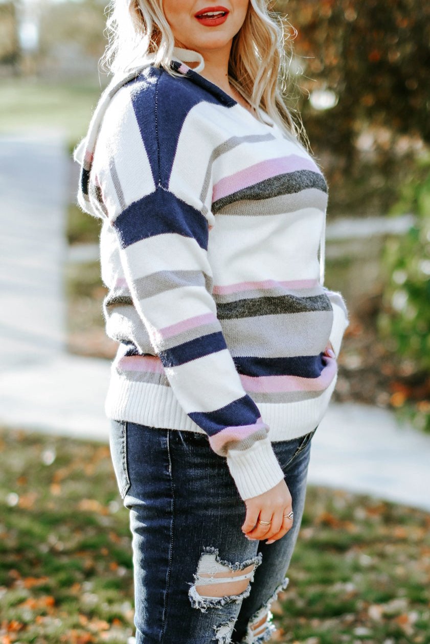 Plus Size Stripe Hooded V-Neck Sweater