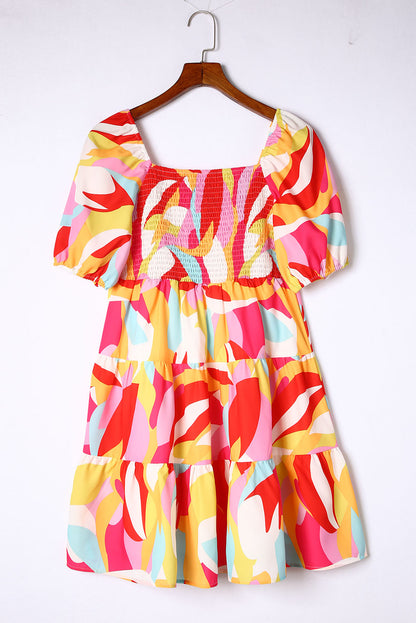 Geometric Smocked Ruffle Mini Dress