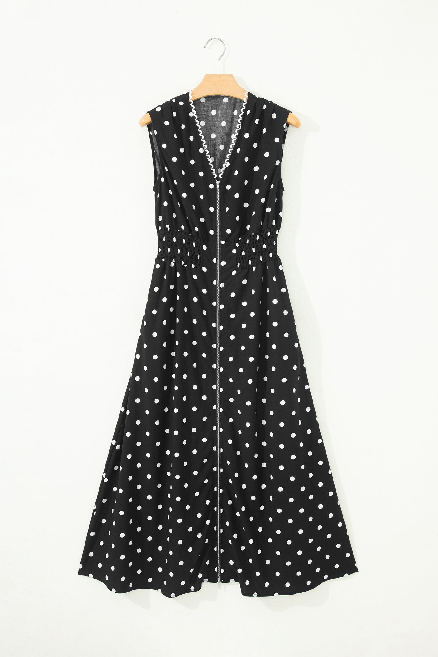 Polka Dot Zip Up V-Neck Sleeveless Dress