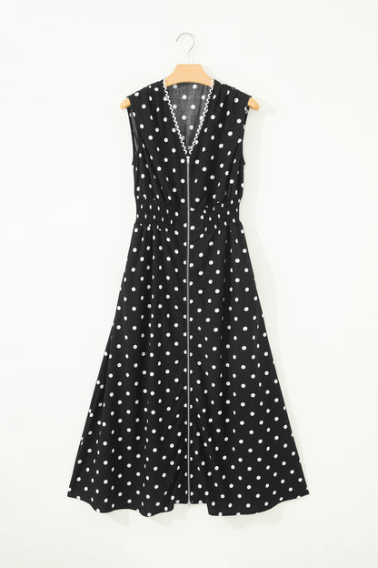 Polka Dot Zip Up V-Neck Sleeveless Dress
