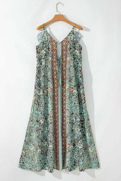 Floral V-Neck Ruffle Trim Backless Tassel Waist Dress