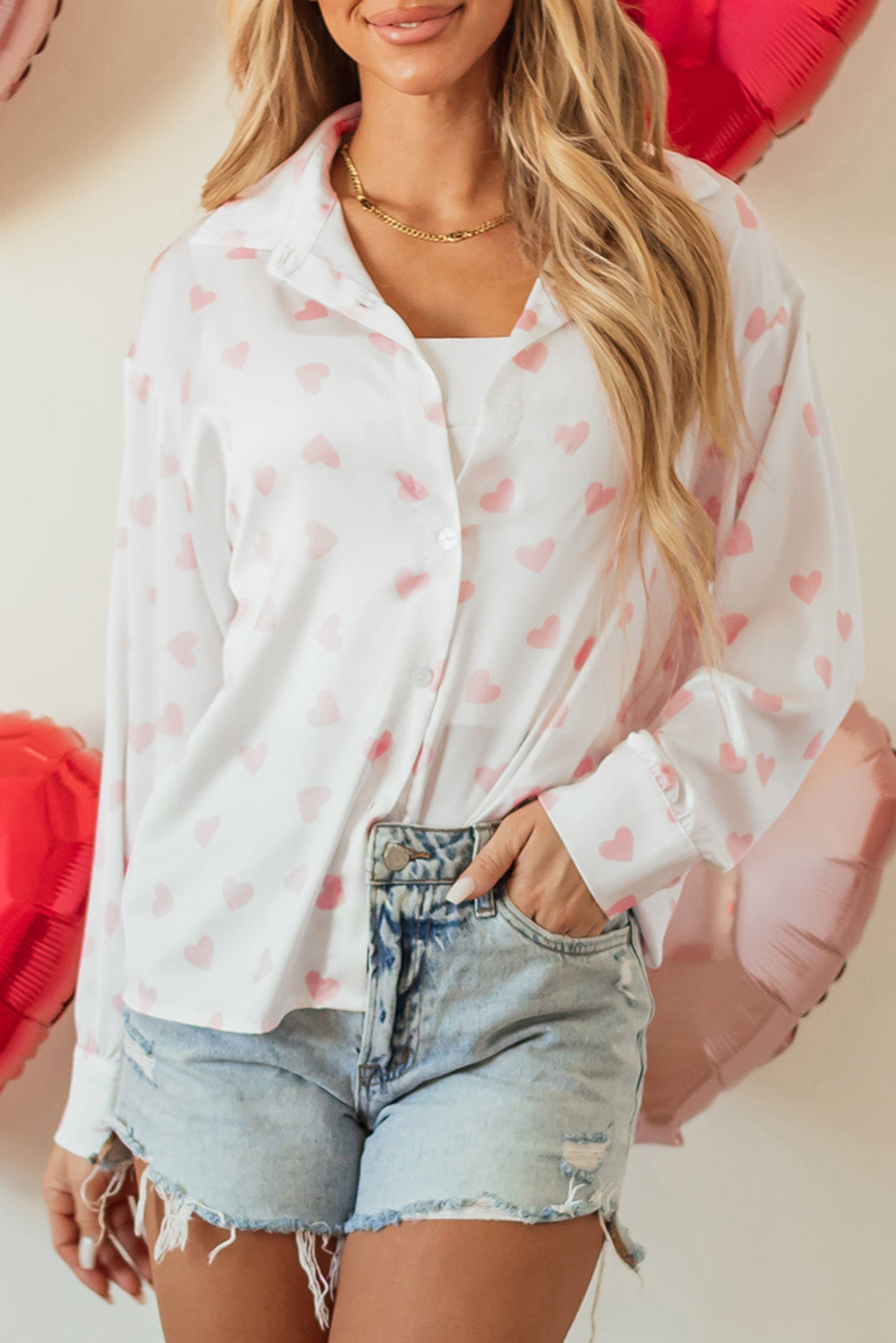 Heart Puff Sleeve Buttoned Shirt