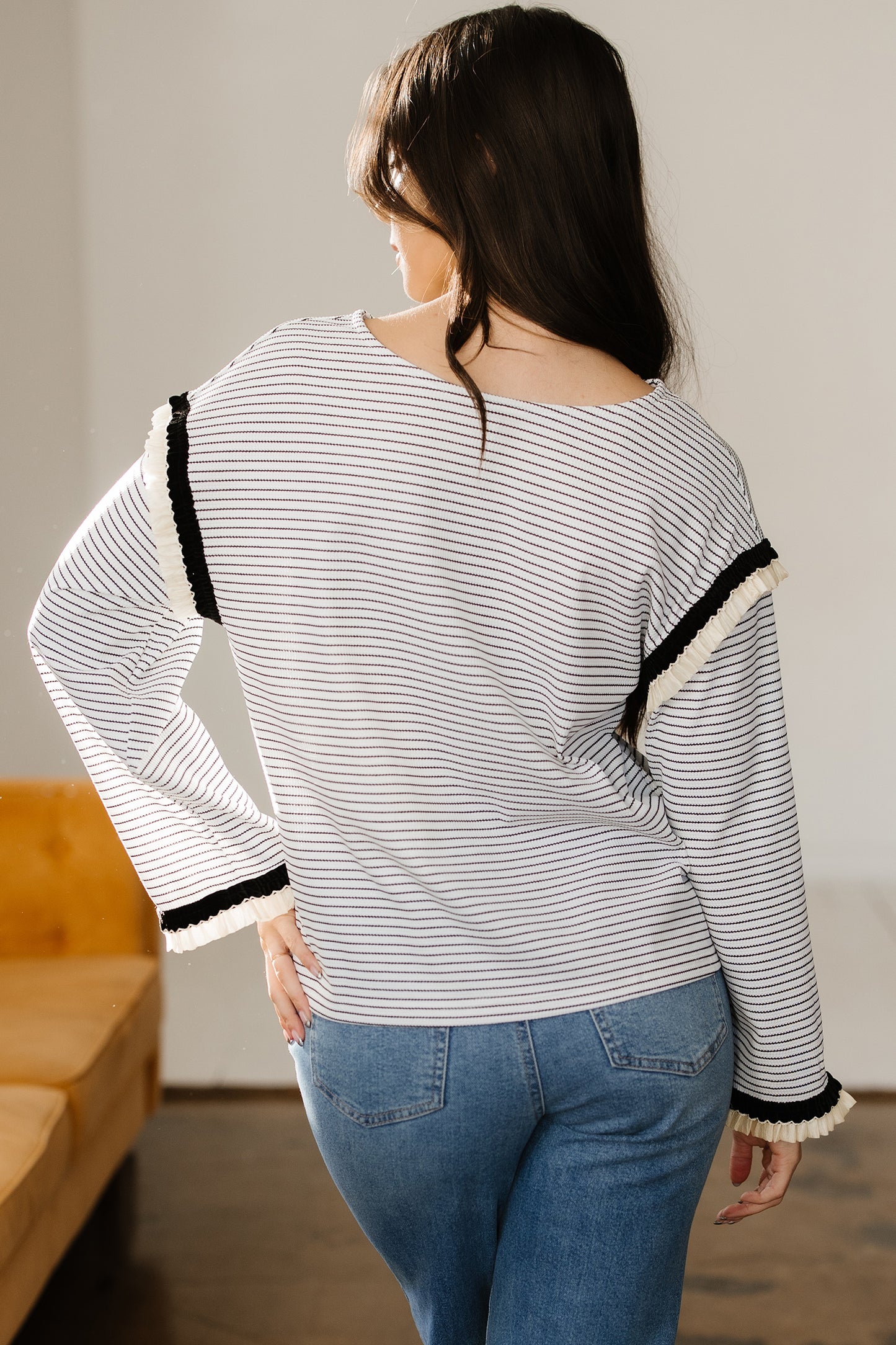 Stripe Contrast Ruffle Trim Long Sleeve Top
