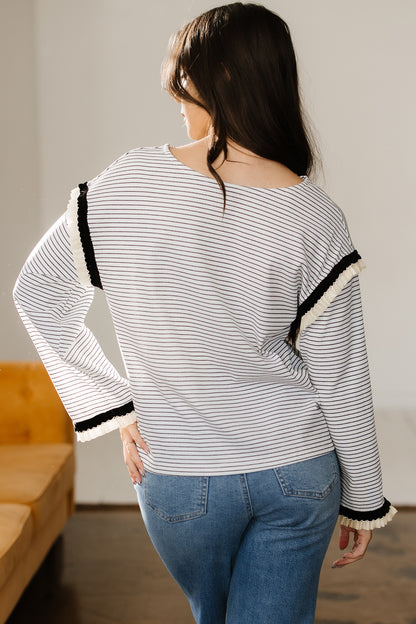 Stripe Contrast Ruffle Trim Long Sleeve Top