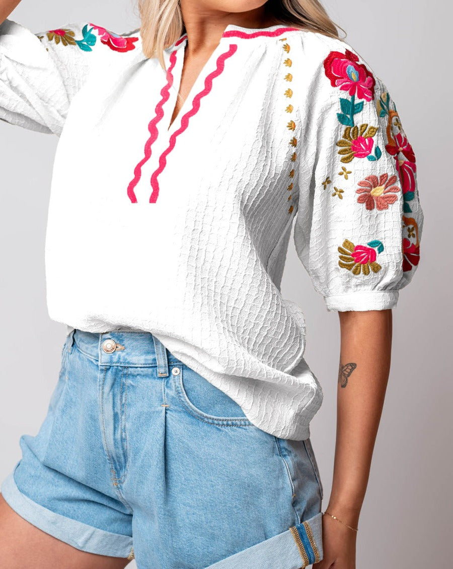 Floral Embroidered Puff Sleeve Blouse