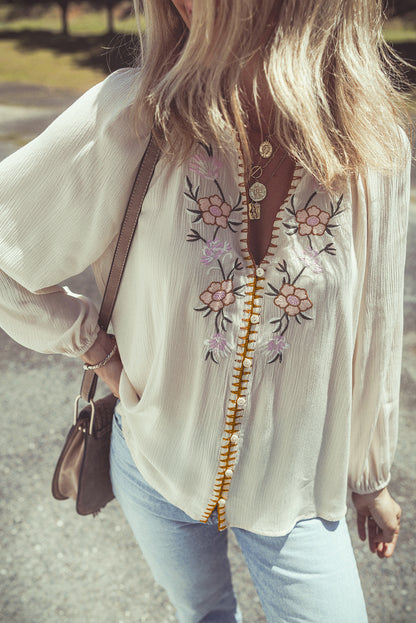 Floral Embroidered Textured Puff Sleeve Shirt