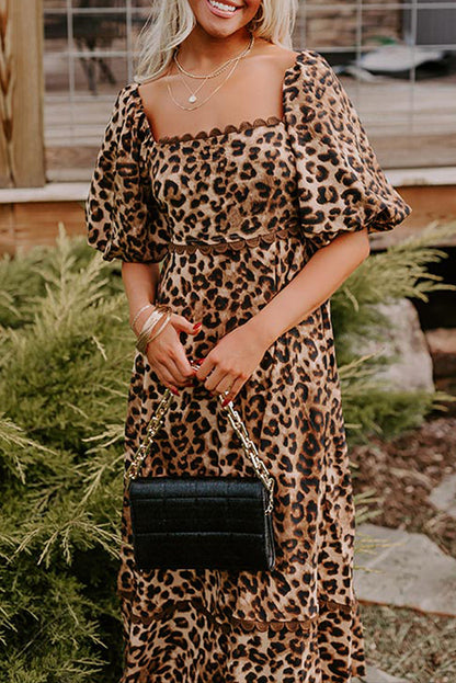 Leopard Bubble Sleeve Maxi Dress