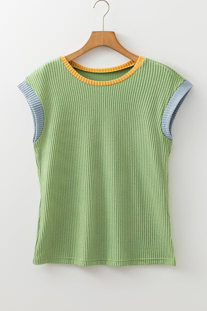 Colorblock Corded Knit Crew Neck Tee