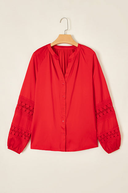 Solid Lace Patchwork Long Sleeve Buttoned Shirt