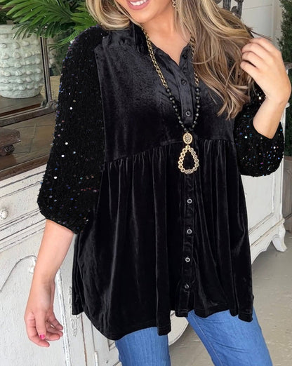 Sequin Buttoned Velvet Peplum Shirt