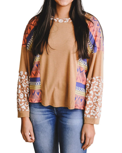 Western Aztec Leopard Patchwork Tee