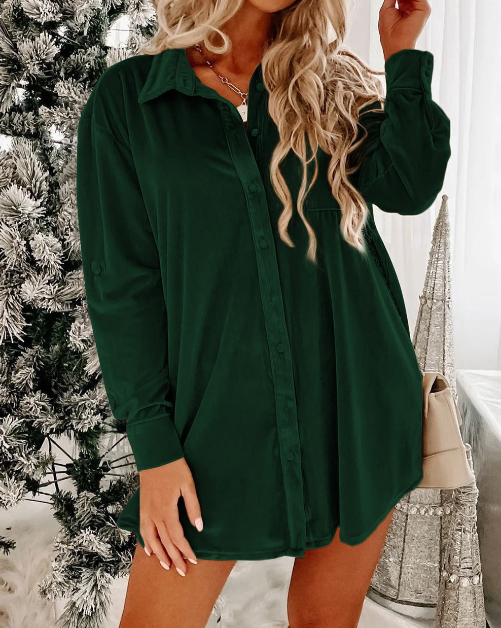 Velvet Long Sleeve Shirt Dress