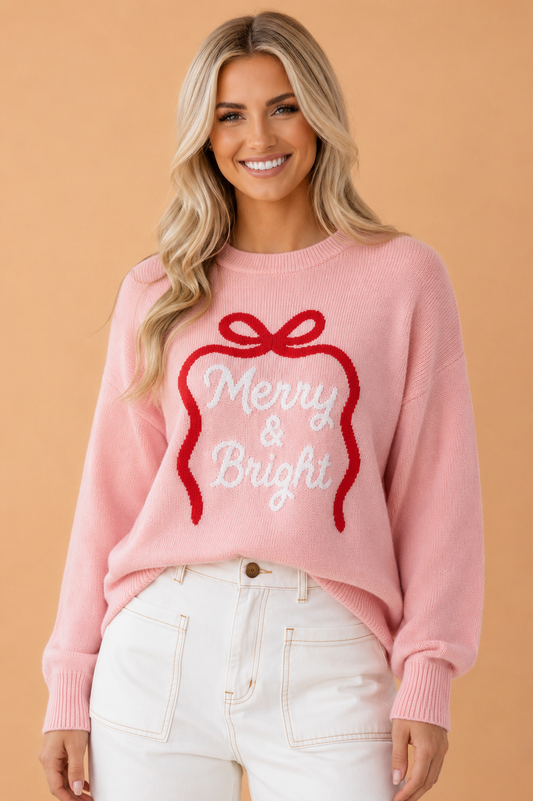 Christmas Bow Merry & Bright Bouclé Textured Sweater