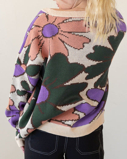 Retro Floral Ribbed Trim Sweater