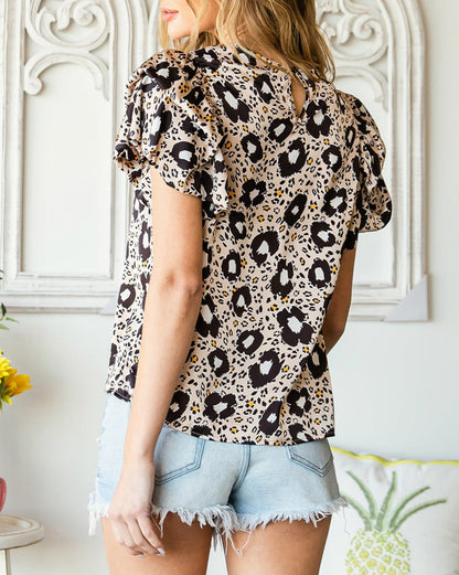 Leopard Ruffle Short Sleeve Blouse