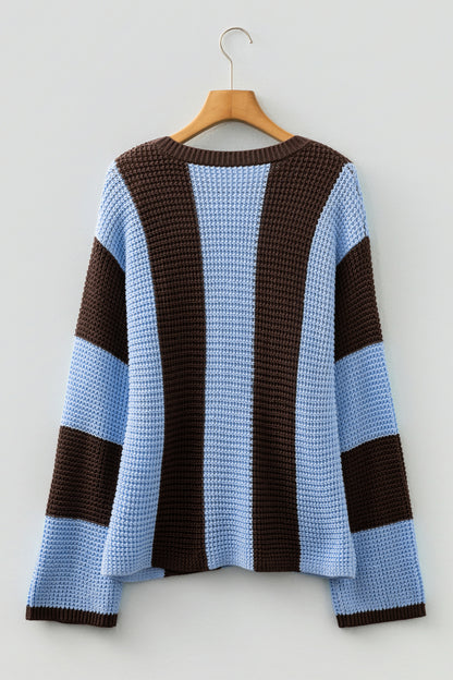 Stripe Colorblock Thermal Textured Knit Drop Shoulder Sweater