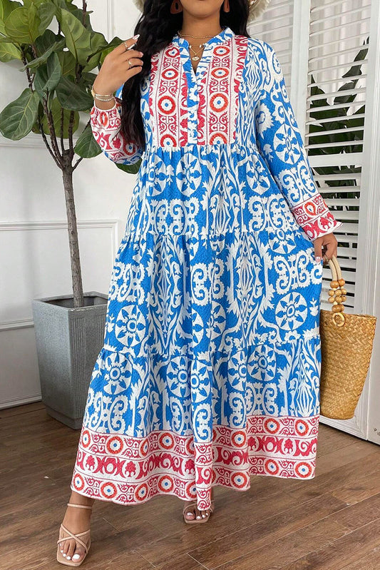 Geometric Long Sleeve Maxi Dress Plus Size