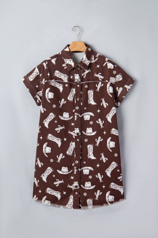 Western Cowgirl Cactus Raw Edge Denim Dress
