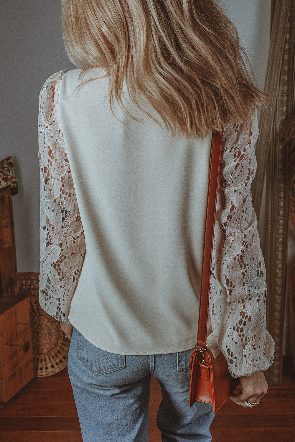 Lace Lantern Sleeve V-Neck Blouse