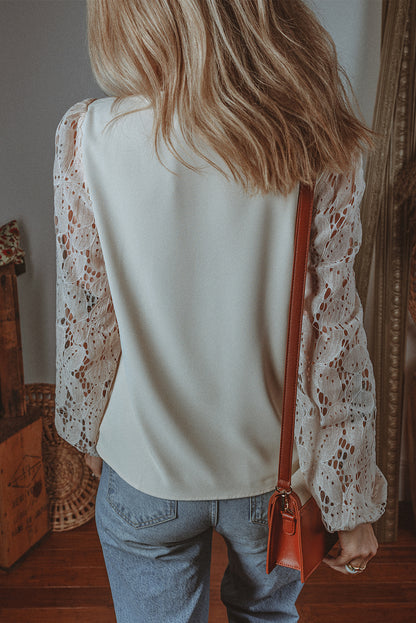 Lace Lantern Sleeve V-Neck Blouse