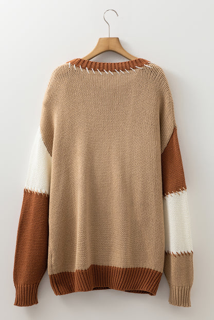 Plus Size Colorblock Knit Contrast Stitch Crewneck Sweater