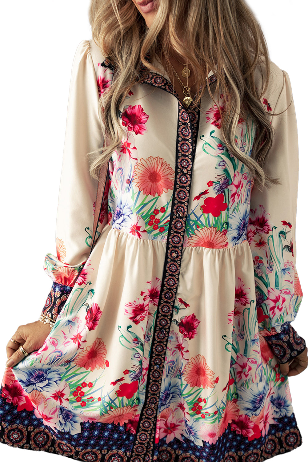 Floral Buttoned Mini Shirt Dress