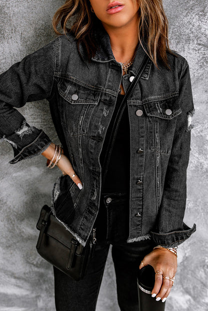 Denim Distressed Raw Hem Jacket