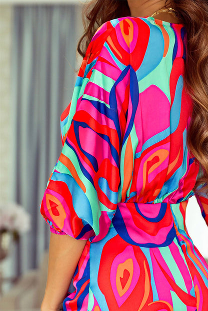 Abstract Ruffle Wrap V-Neck Dress