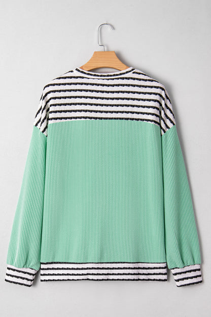 Stripe Corded Knit Patchwork Long Sleeve Top