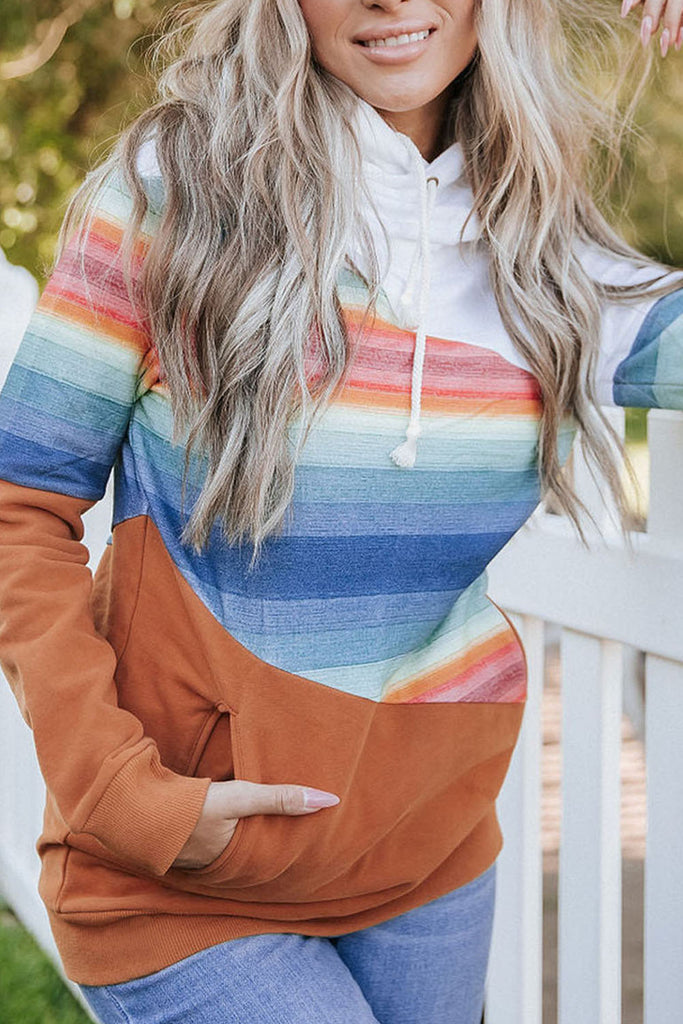 Colorblock Rainbow Stripe Pocketed Hoodie