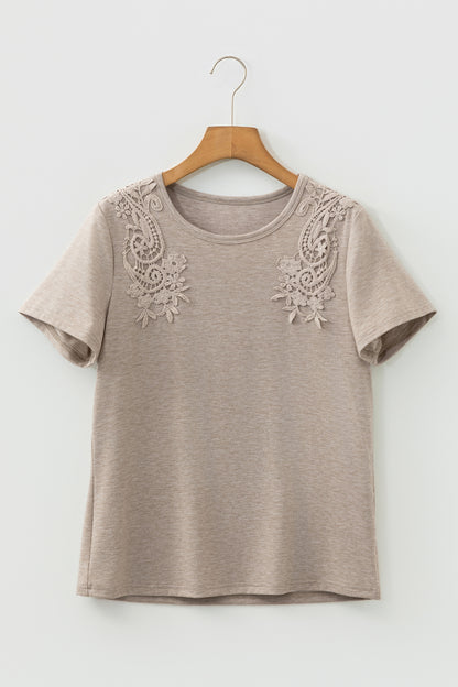 Solid Lace Embroidered Patch Short Sleeve Tee