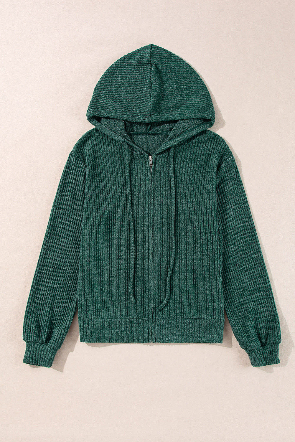 Ribbed Zip Up Drawstring Hoodie