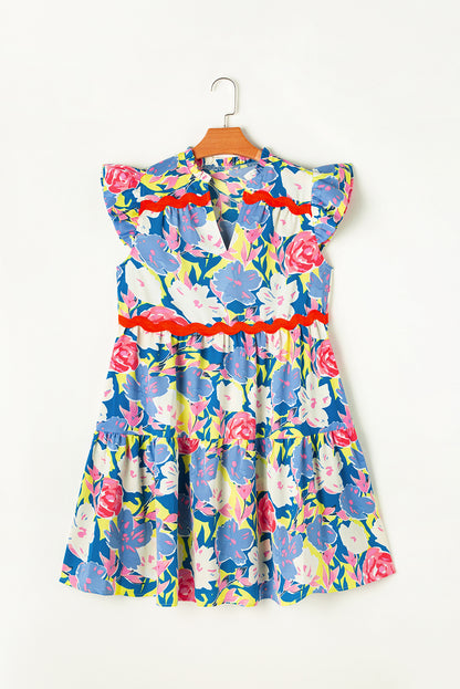 Floral Ric-Rac Flutter Sleeve V-Neck Dress