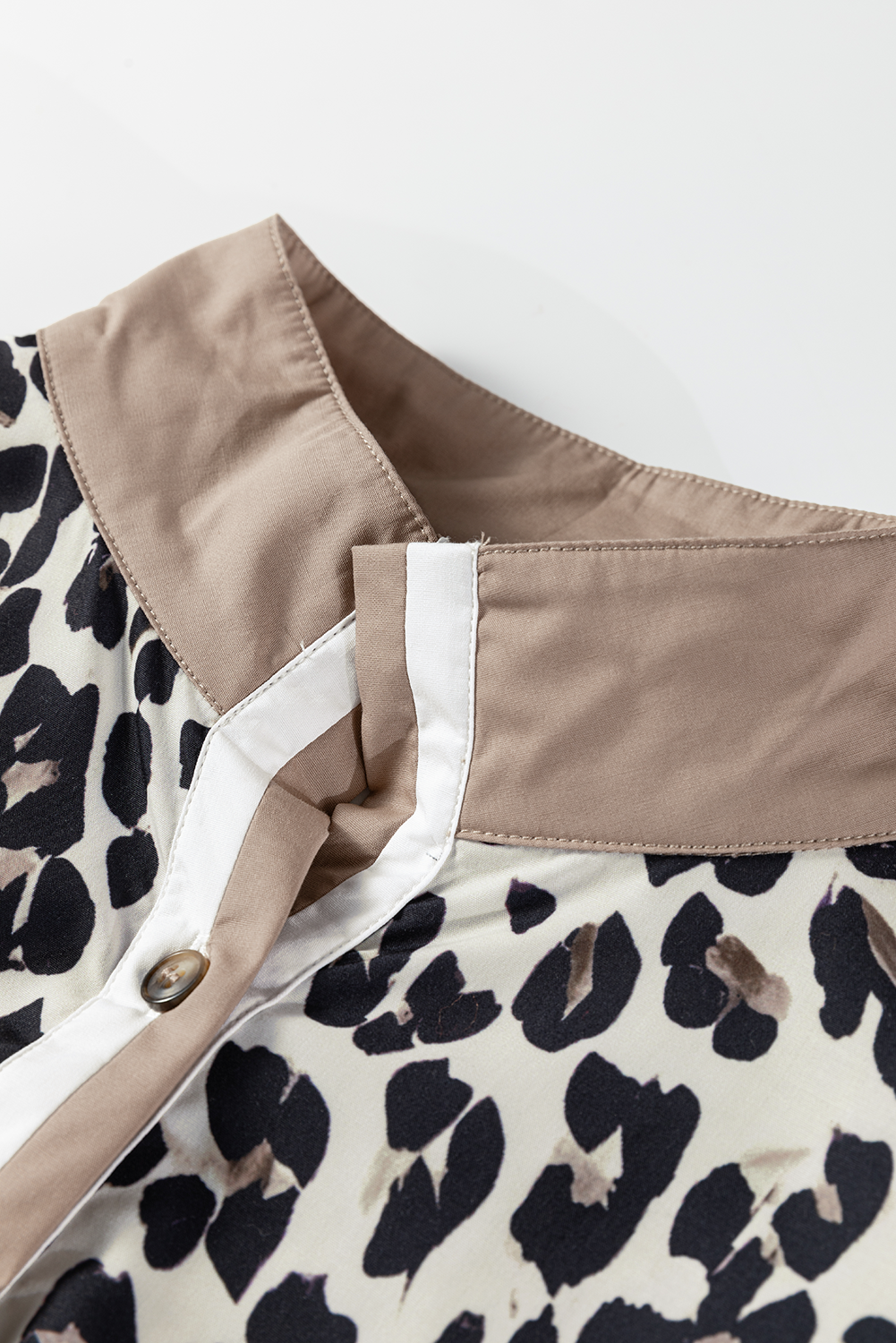 Leopard Button-Collar Contrast Patchwork Cuff Top