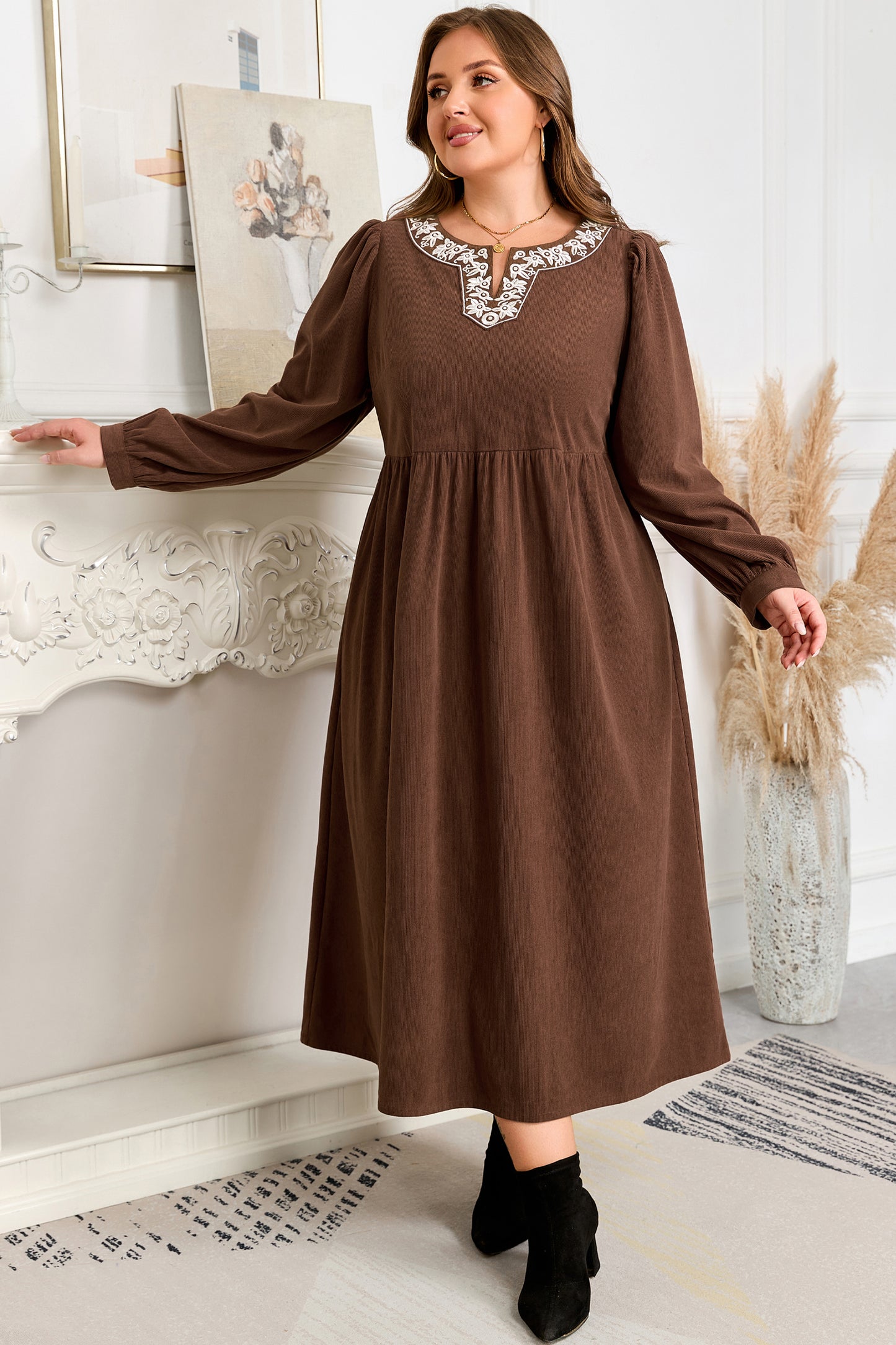 Plus Size Textured Corduroy Embroidered Neckline Midi Dress