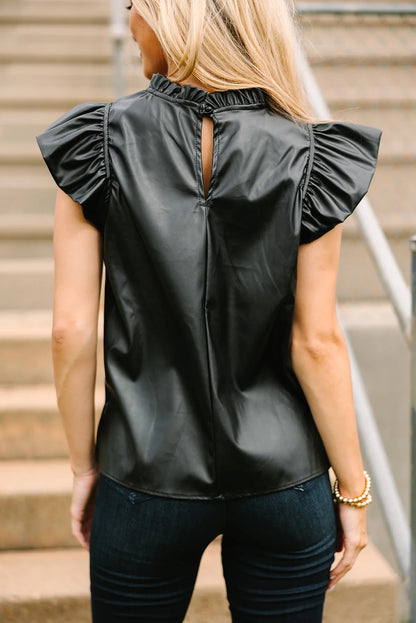 Leather Frilled Ruffle Trim Blouse