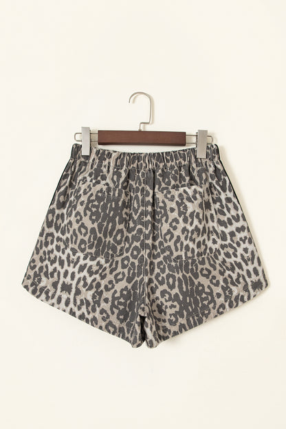 Leopard Stripe Detail Drawstring Denim Shorts