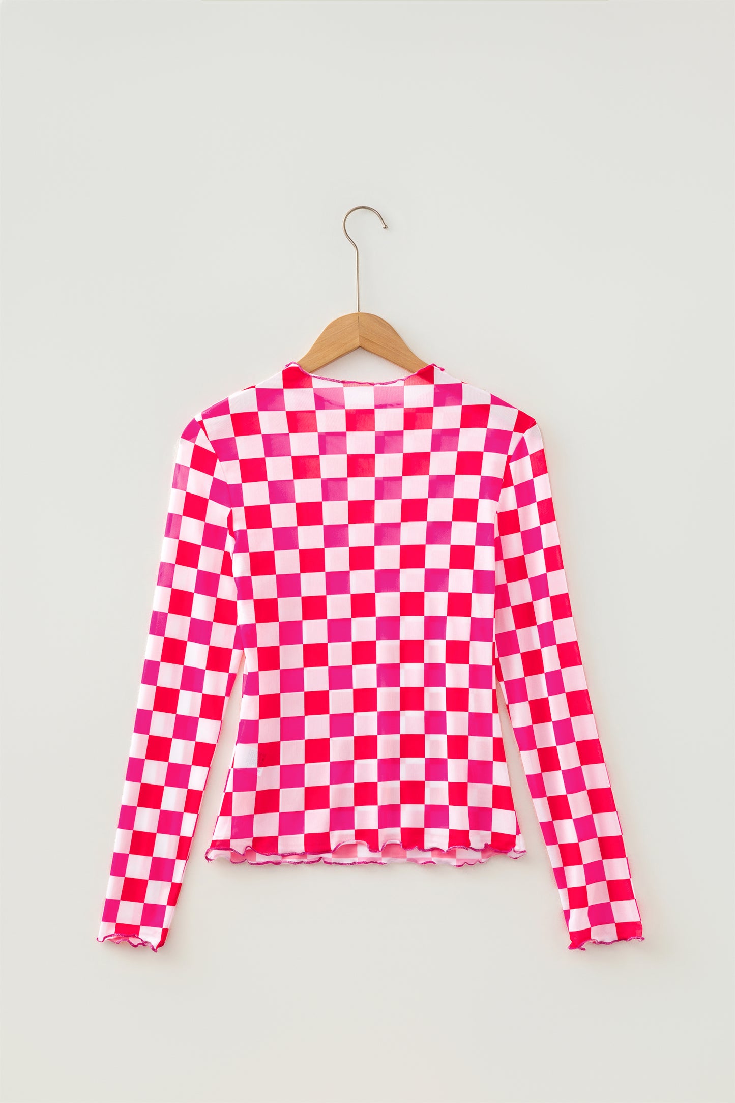 Checker Sheer Mesh Long Sleeve Blouse