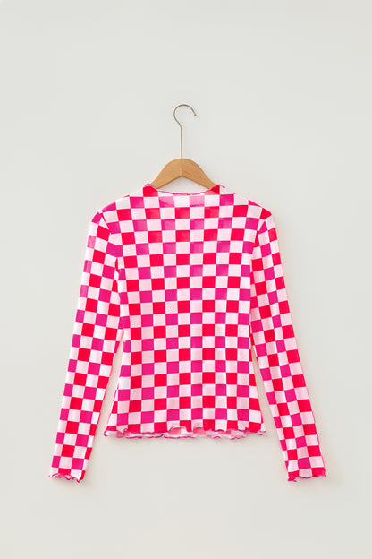 Checker Sheer Mesh Long Sleeve Blouse