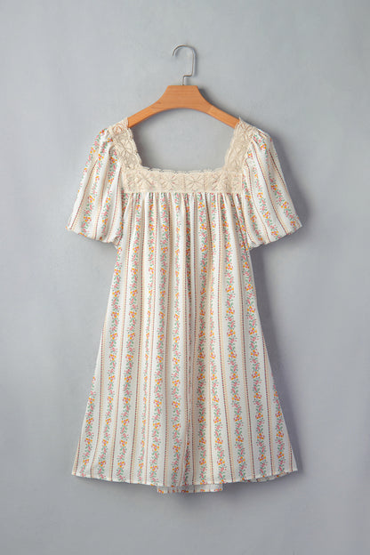 Floral Contrast Ribbon Bow Lace Square Mini Dress