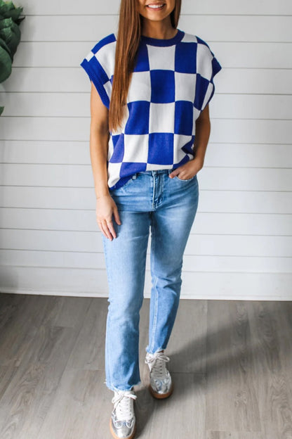 Checker Round Neck Sweater Top