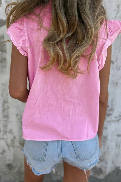 Solid Lace Flutter Sleeve Pleated Blouse