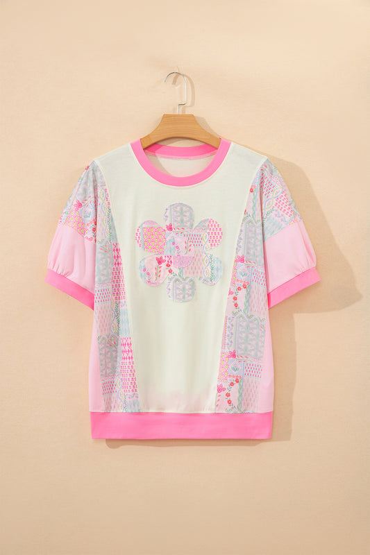 Floral Colorblock Patchwork Short Sleeve Top