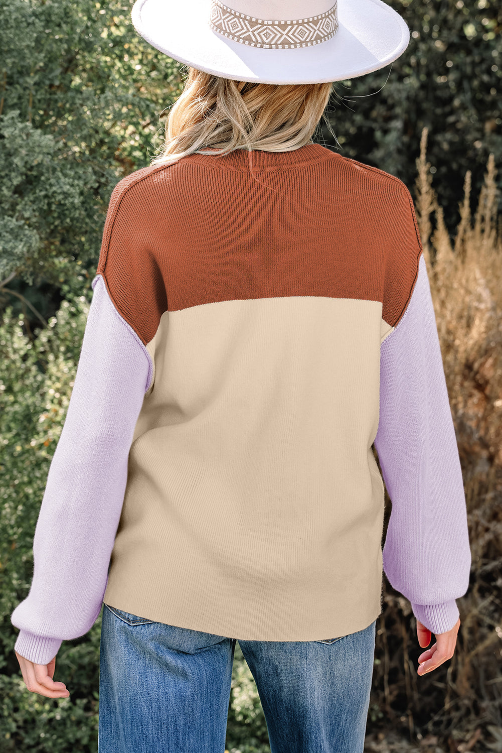 Colorblock Ribbed Knit Long Sleeve Sweater