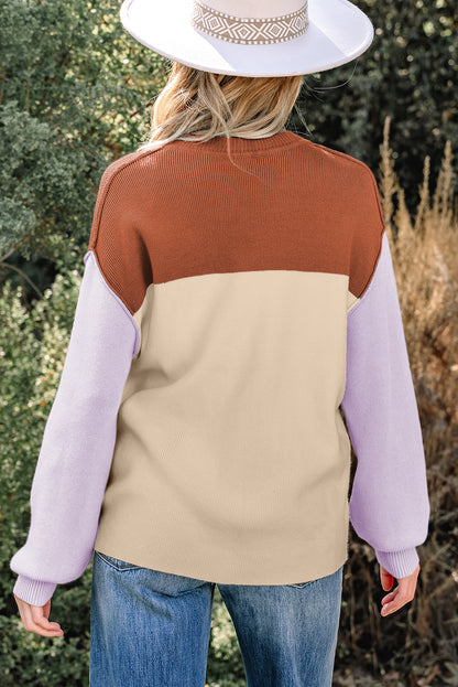Colorblock Ribbed Knit Long Sleeve Sweater