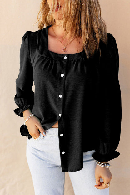 Ruffle Puff Sleeve Buttoned Shirt