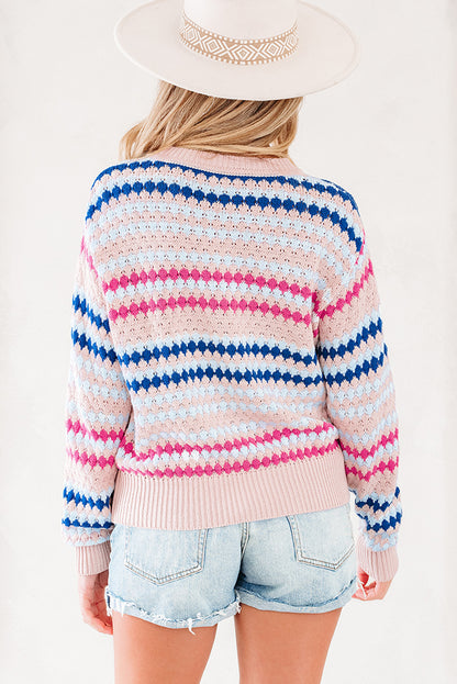 Stripe Eyelet Knit Drop Shoulder Sweater