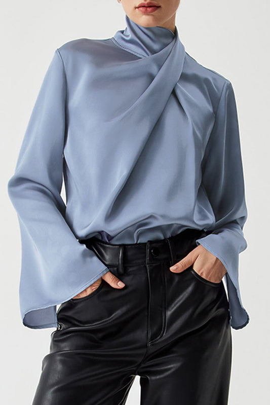 Pleated Turtleneck Bell Sleeve Blouse