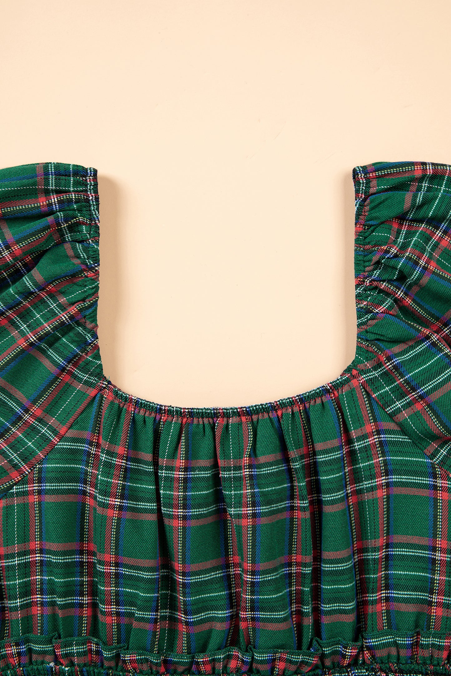 Plaid Shirred Scoop Neck Short Sleeve Mini Dress